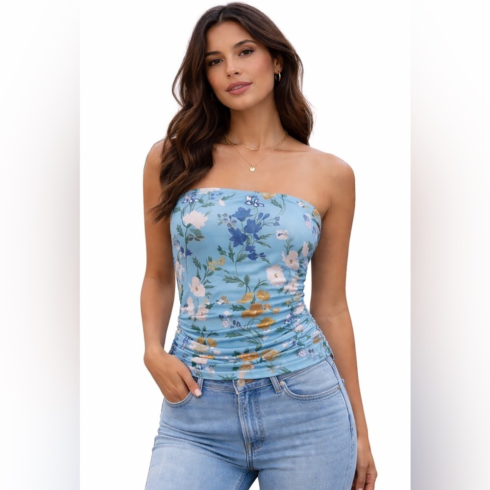 Anthropologie Blue Floral Ruched Strapless Tube Top Size L